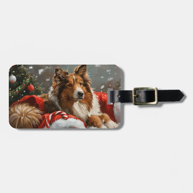 Rough Collie Julfirande Hund Bagagebricka (Horisontell Framsida)