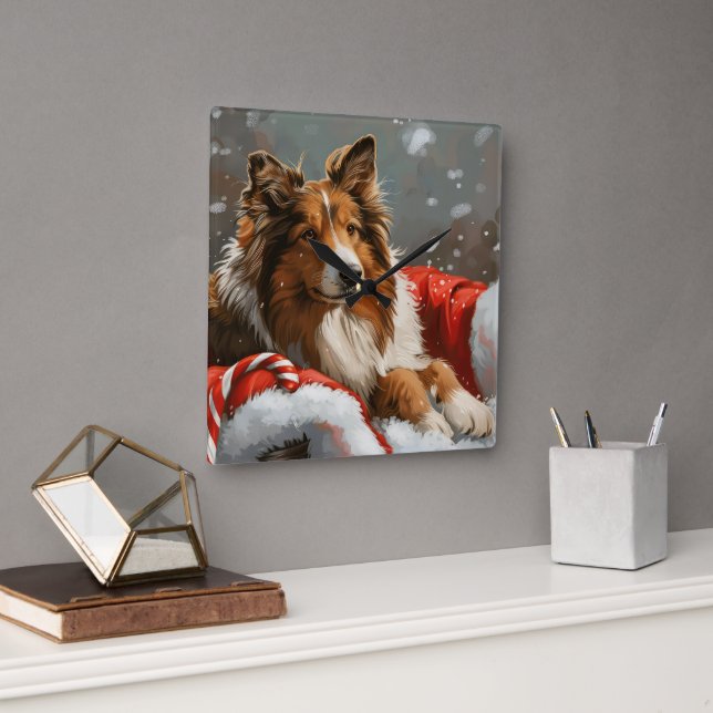 Rough Collie Julfirande Hund Fyrkantig Klocka (Kontor)