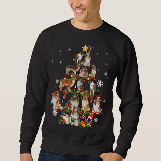 Rough Collie Julgran Ljus Sweater Hund Chr Lång Ärmad Tröja (Framsida)