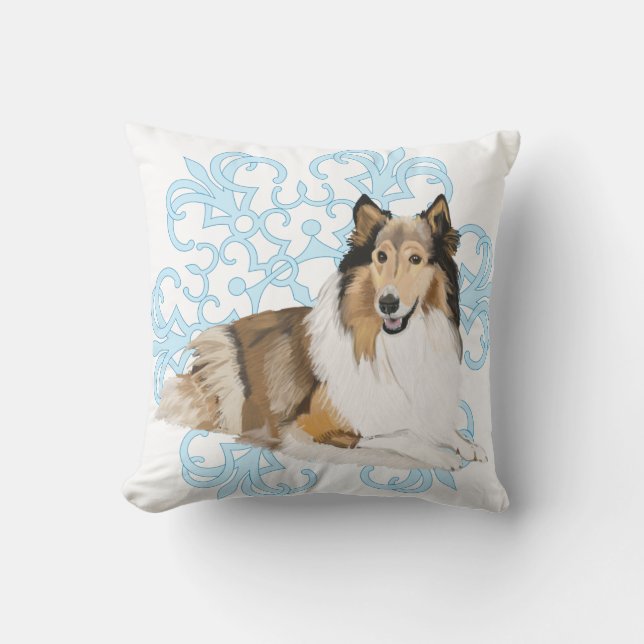 Rough Collie on a blue snö flake-bakgrund Kudde (Framsida)