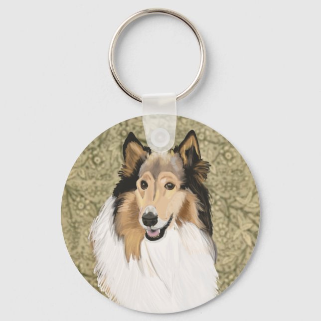 Rough Collie på en brun blommig bakgrund Nyckelring (Framsida)