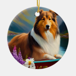 Rough Collie på paddelbräda: Ett naturskönt äventy Julgransprydnad Keramik