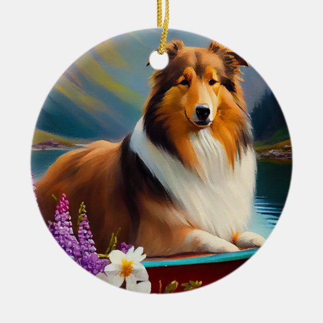 Rough Collie på paddelbräda: Ett naturskönt äventy Julgransprydnad Keramik (Framsidan)