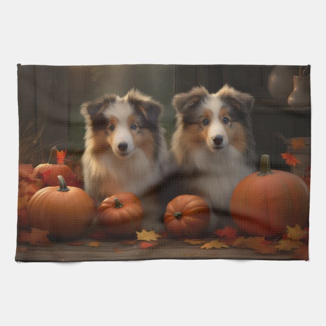 Rough Collie Puppy Autumn Delight Pumpkin Kökshandduk (Horisontell)