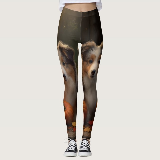 Rough Collie Puppy Autumn Delight Pumpkin Leggings (Framsida)