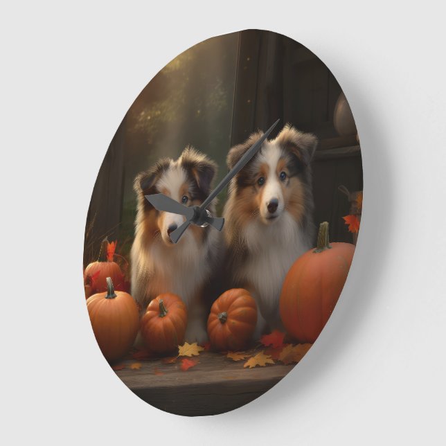 Rough Collie Puppy Autumn Delight Pumpkin Stor Klocka (Vinkel)
