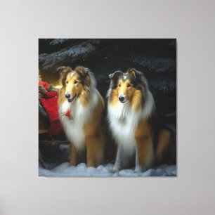 Rough Collie Snowy Sleigh juldeeller Canvastryck
