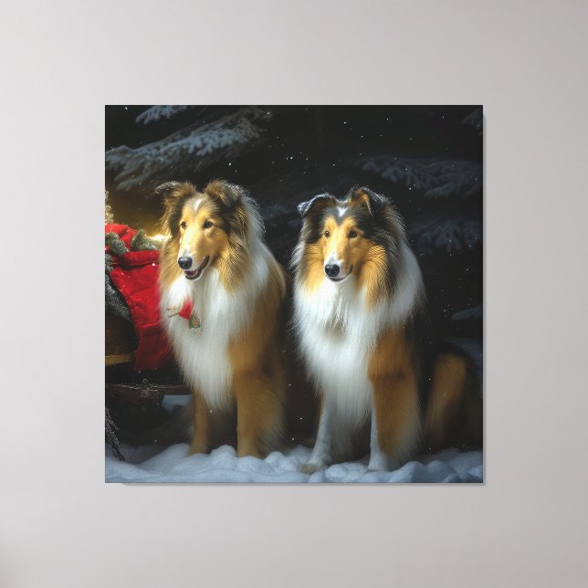 Rough Collie Snowy Sleigh juldeeller Canvastryck (Framsida)