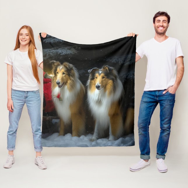 Rough Collie Snowy Sleigh juldeeller Fleecefilt (På plats)
