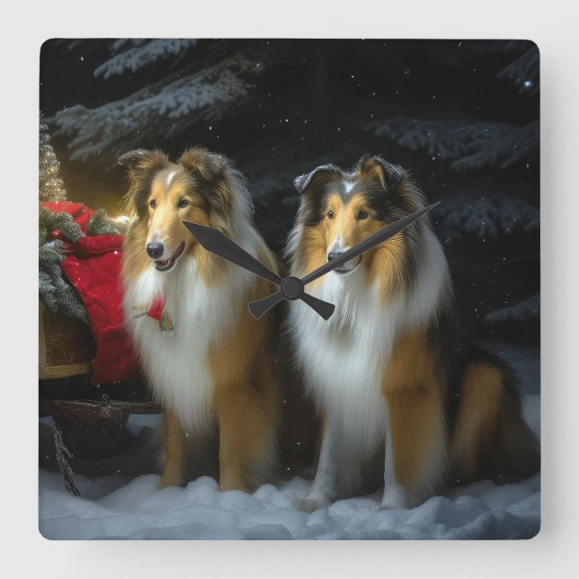 Rough Collie Snowy Sleigh juldeeller Fyrkantig Klocka (Framsida)