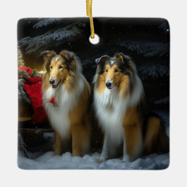 Rough Collie Snowy Sleigh juldeeller Julgransprydnad Keramik (Framsida)