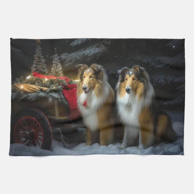 Rough Collie Snowy Sleigh juldeeller Kökshandduk (Horisontell)