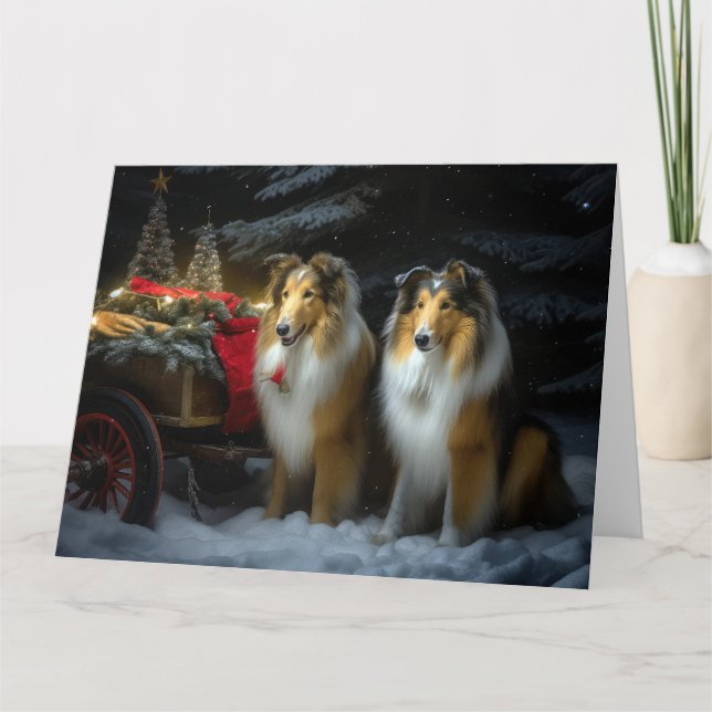 Rough Collie Snowy Sleigh juldeeller Kort (Framsida)