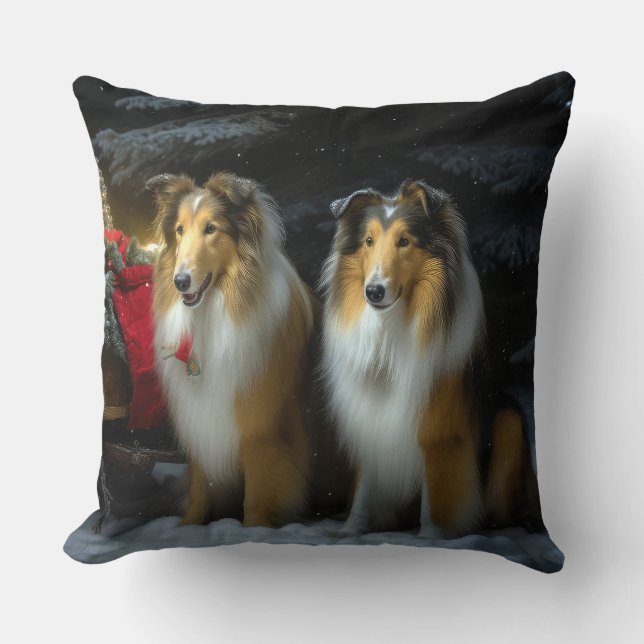 Rough Collie Snowy Sleigh juldeeller Kudde (Framsida)