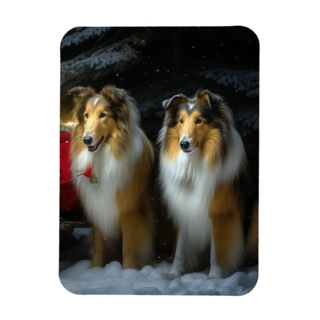 Rough Collie Snowy Sleigh juldeeller Magnet (Vertikal)