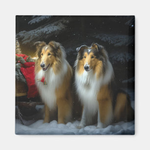 Rough Collie Snowy Sleigh juldeeller Magnet