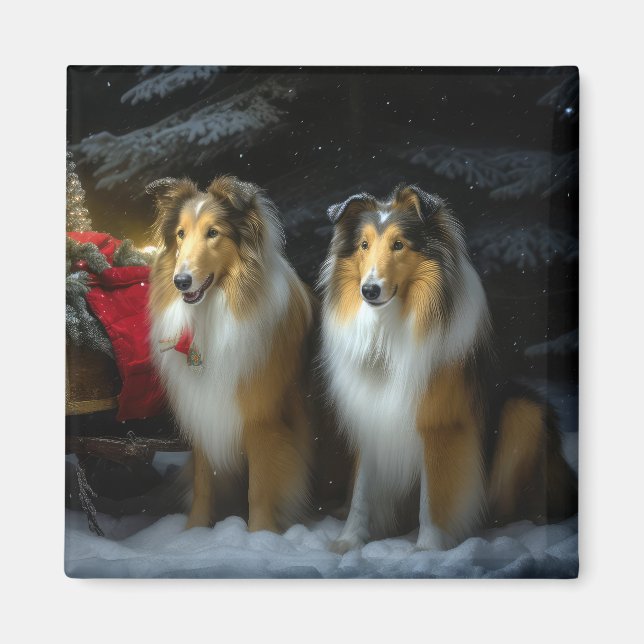 Rough Collie Snowy Sleigh juldeeller Magnet (Framsidan)