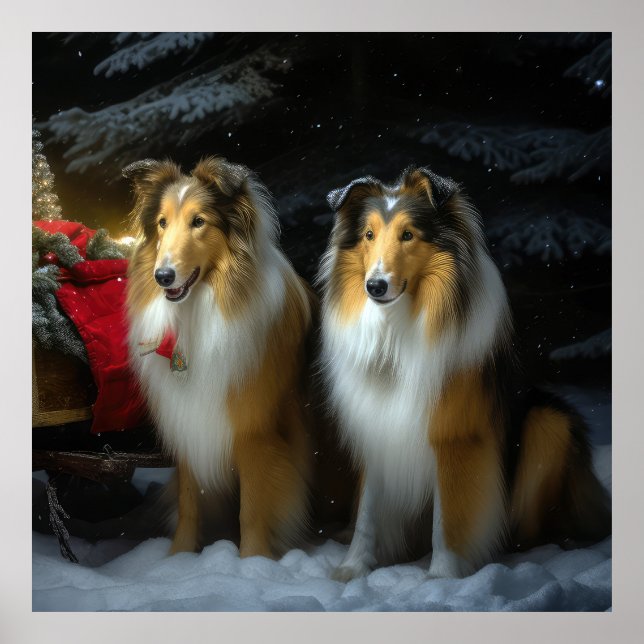 Rough Collie Snowy Sleigh juldeeller Poster (Framsidan)