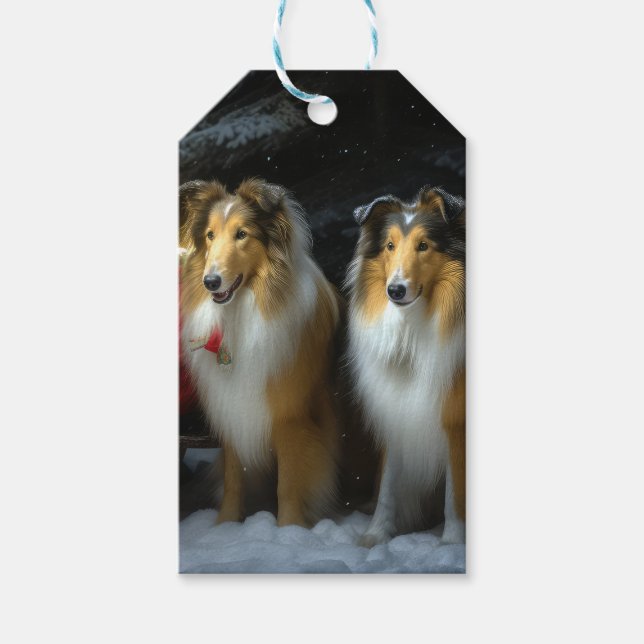 Rough Collie Snowy Sleigh juldeeller Presentetikett (Framsidan)
