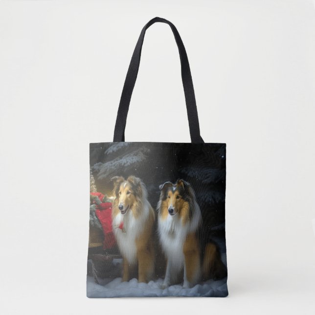 Rough Collie Snowy Sleigh juldeeller Tygkasse (Framsida)