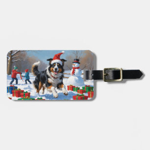 Rough Collie springer i snö med julhatt Bagagebricka