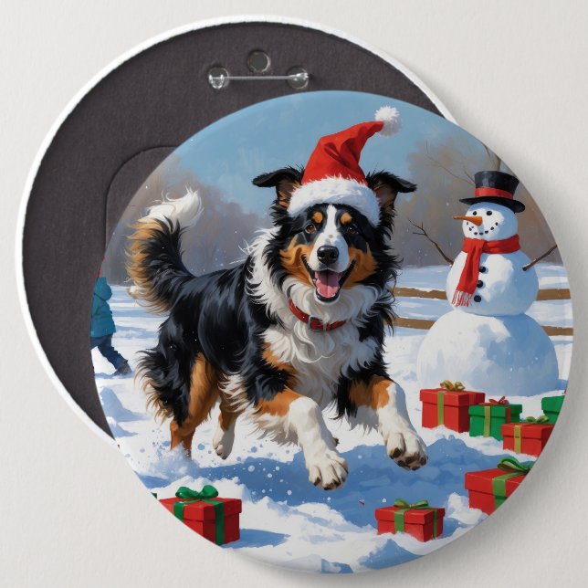 Rough Collie springer i snö med julhatt Knapp (Framsida & baksida)