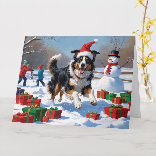 Rough Collie springer i snö med julhatt Kort (Gul blomma)