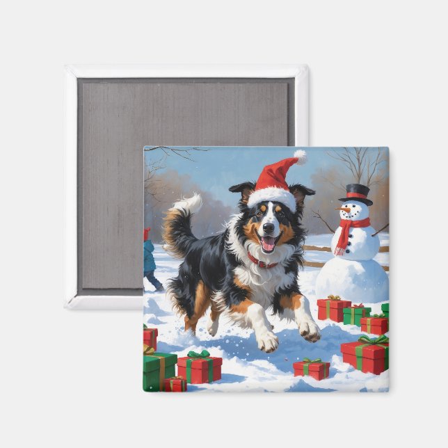Rough Collie springer i snö med julhatt Magnet (Front/Back)