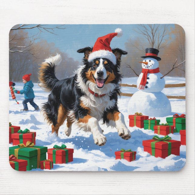 Rough Collie springer i snö med julhatt Musmatta (Framsidan)