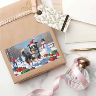 Rough Collie springer i snö med julhatt Rektangulärt Klistermärke