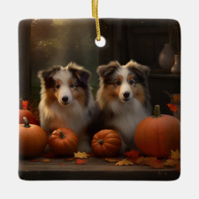 Rough Collie Valp Höstglädje Pumpa  Julgransprydnad Keramik (Framsida)
