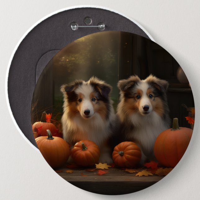 Rough Collie Valp Höstglädje Pumpa  Knapp (Framsida & baksida)
