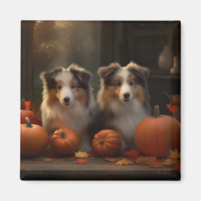 Rough Collie Valp Höstglädje Pumpa Magnet (Framsidan)