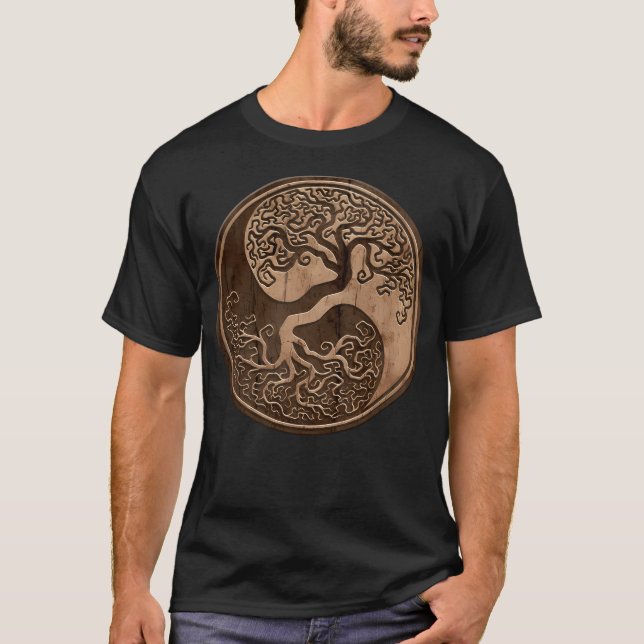 Rough Wood Grain Effect Livets träd Yin Yang T Shirt (Framsida)