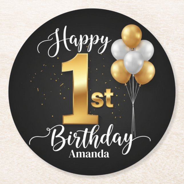 Round Black Gold 1st Birthday Paper Coaster Underlägg Papper Rund (Framsidan)
