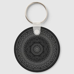 Round Black Mandala v3 Nyckelring