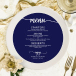 Round Bröllop Menu Chic Navy Blue Meny<br><div class="desc">Ett enkelt menykort för calligraphy bröllop i chic. Jag erbjuder en kostnadsfri anpassningstjänst. Om du har några frågor eller speciella förfrågningar kan du kontakta mig.</div>