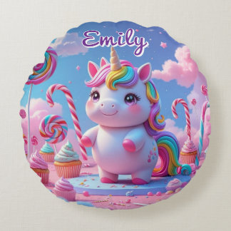 Round Candy Unicorn Pillow - Editable Namn Rund Kudde