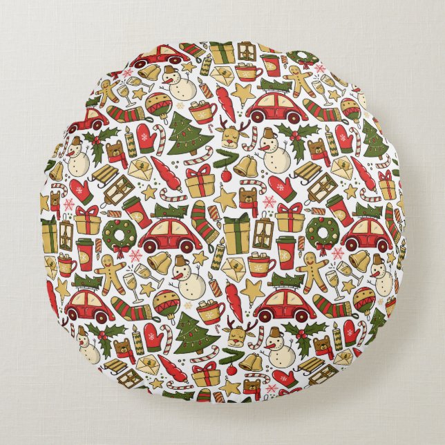 Round Christmas Doodle Pillow Rund Kudde (Framsidan)