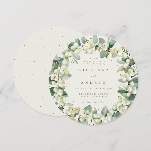 Round Cream Snowberry+Eucalyptus Wandeans Bröllop Inbjudningar (Fram/baksida)