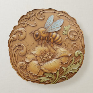Round Cushion wood carving effect - bee Rund Kudde