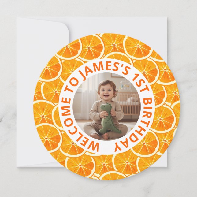 Round Custom Photo & Citrus Birthday Invitation Julkort (Framsida)