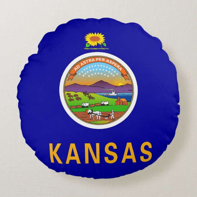 Round Dekorativ kudde med flagga Kansas, USA (Framsidan)