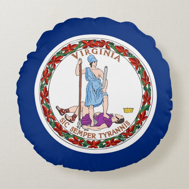 Round Dekorativ kudde med flagga Virginia, USA (Framsidan)