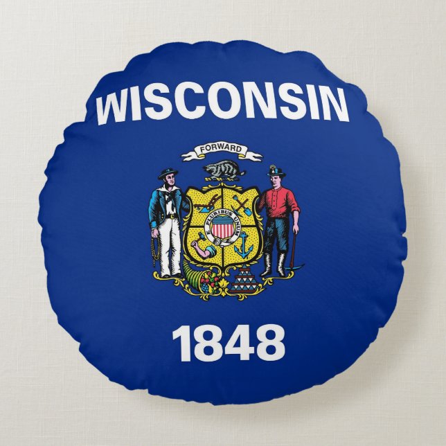 Round Dekorativ kudde med flagga Wisconsin, USA (Framsidan)