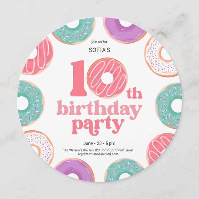 Round Donut Party Girl 10th Birthday Invitation Inbjudningar (Framsida)