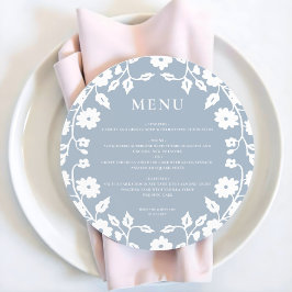 Round Dusty Blue White Folk Blommigt Bröllop Menu Julkort