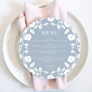 Round Dusty Blue White Folk Blommigt Bröllop Menu Julkort