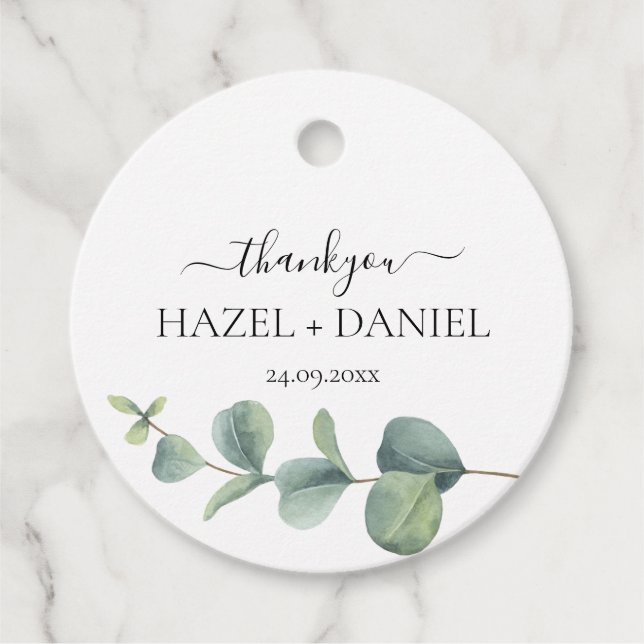 Round Eucalyptus Greenery Wedding Favor Tack Gåvor Etiketter (Framsida)