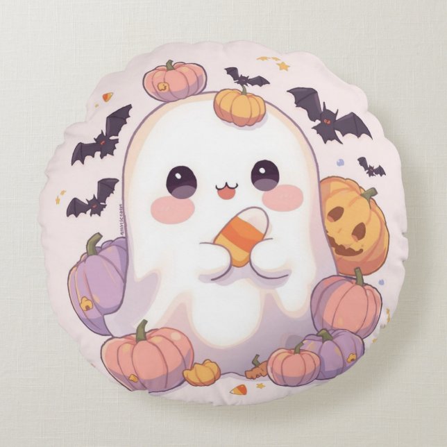 Round Ghost Halloween Pillow - Spooky Cute Decor Rund Kudde (Framsidan)